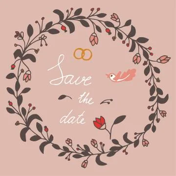 Save the date hand lettering phrase. Flowers and leaves elements. Stock Illustration
