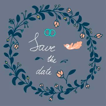 Save the date hand lettering phrase. Flowers and leaves elements. Stock Illustration