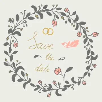Save the date hand lettering phrase. Flowers and leaves elements. Stock Illustration