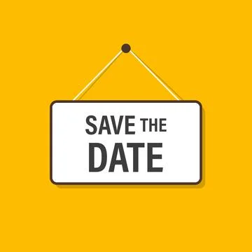 Save the date hanging sign on yellow background for business, marketing, flye Stock Illustration