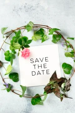 Save the date, an invitation design template with a flat lay wreath of leaves 스톡 사진