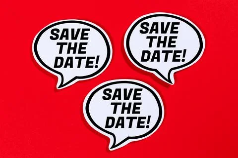 Save the date invitation message information in speech bubbles communicatio.. Stock Photos