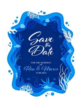 Save the date invitation with paper cut underwater Stock Illustration
