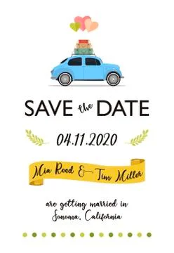 Save the date lettering card with retro car and balloons Stock Illustration