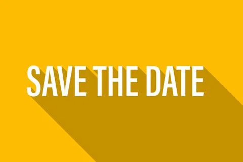 Save the date with long shadow text on yellow background with copy space for Stock-Illustration