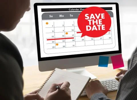 SAVE THE DATE message on a calendar Foto stock