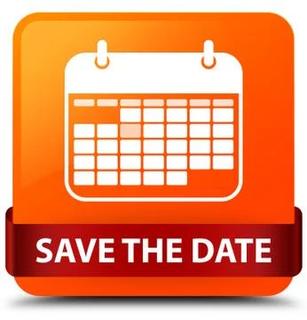 Save the date orange square button red ribbon in middle Illustrazione stock