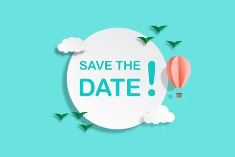 Save the date papercut sky landscape banner with hot air balloon could and bi Stock Illustration