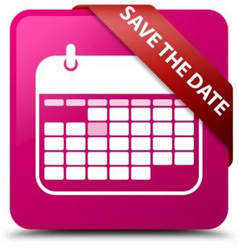 Save the date pink square button red ribbon in corner Stock Illustration
