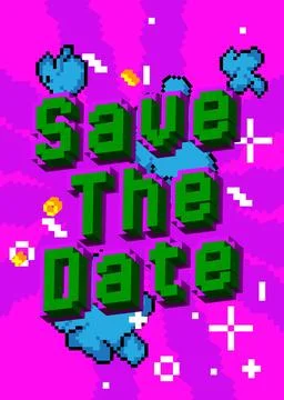 Save The Date. Pixelated word with geometric graphic background. Vector carto Stock Illustration