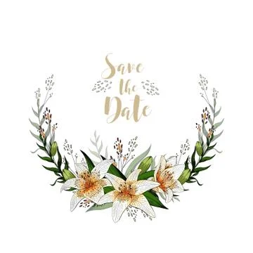 Save the date postcard half wreath with lily flowers and lettering Stockillustratie