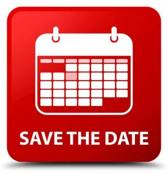 Save the date red square button Stock Illustration