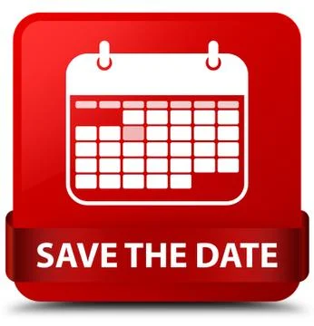 Save the date red square button red ribbon in middle Illustrazione stock