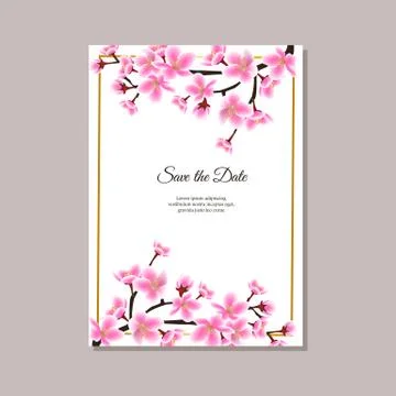 Save the date - sakura tree branch frame on top and bottom of wedding invitation Illustrazione stock
