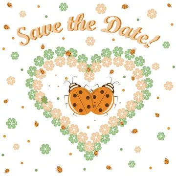 Save the date spring event with ladybugs and a floral heart frame Stock Illustration