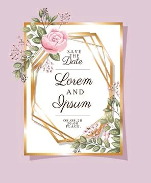 Save the date text in gold frame with rose flower and leaves vector design Stock Illustration