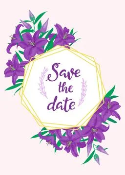 Save the date text inside hexagon frame surrounded by purple lilies on pink イラスト素材