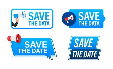 Save the date text with Megaphone label set. Megaphone in hand promotion banner Illustrazione stock