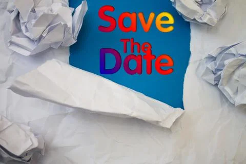 Save The Date text with Torn, Crumpled White Paper on colored background. Stock Photos
