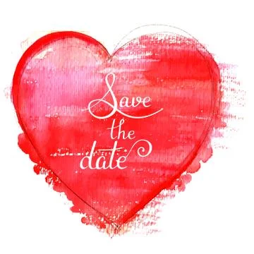 Save the date. A vector wedding invitation with a red watercolor heart on a Illustrazione stock
