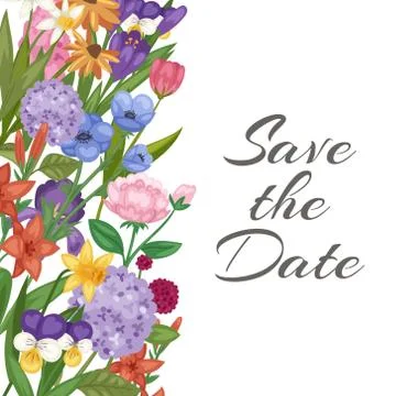 Save the date, wedding invitation card with garden flowers botanical vector Stock Illustration