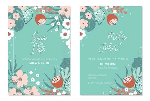 Save the date, wedding invitation card templates with floral decoration Stock Illustration