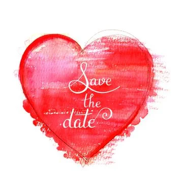 Save the date. A wedding invitation with a red watercolor heart on a white Illustrazione stock