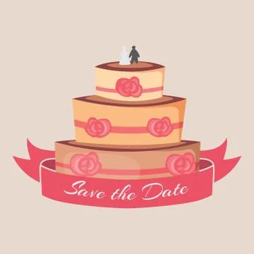 Save the date wedding romantic invitation card with cake with figures of bride Stock Illustration