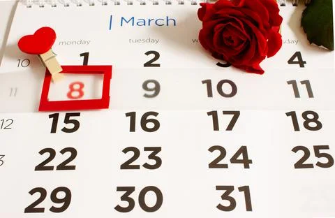 Save the date white block calendar for International Women's Day, March 8, with Stock Photos