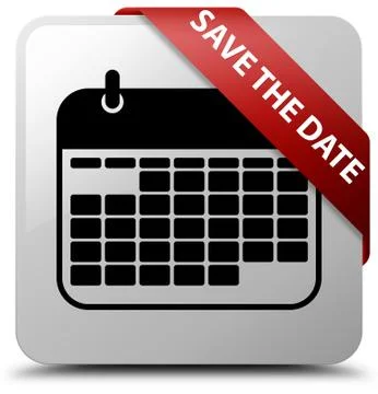 Save the date white square button red ribbon in corner Illustrazione stock