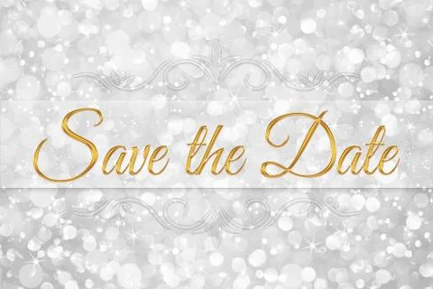 Save the date word on white silver glitter bokeh abstract background Stock Illustration