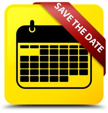 Save the date yellow square button red ribbon in corner Illustrazione stock