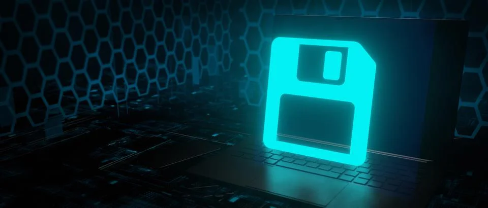 Save disk copy glowing icon in laptop technology background 3D render Иллюстрация