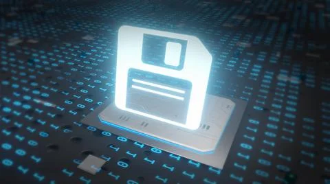 Save the disk with the floppy neon icon. 3D Rendering 스톡 일러스트