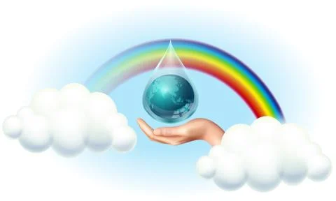 Save earth and environment on rainbow and clouds background Illustrazione stock