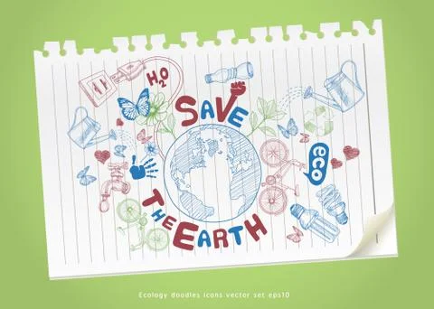 Save the earth concept drawing on paper. Ecology doodles icons vector set Stock Illustration