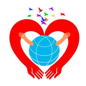 Save the Earth icon. Hands in the form of a heart hug the globe. Stock Illustration