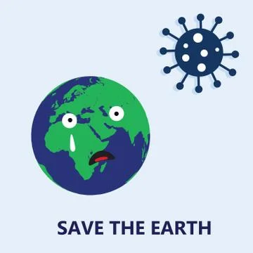 Save the earth logo - crying earth cartoon with virus icon Stock Illustration