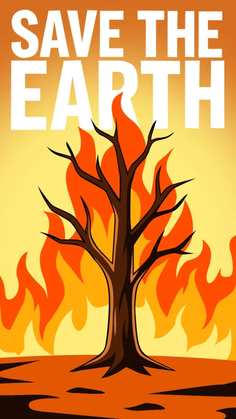 Save the Earth Wildfire Climate Change Awareness with Burning Tree Motion Ba Stock Footage 339748719