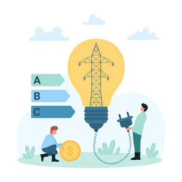 Save energy and electricity, tiny people holding light bulb plug and money to Illustrazione stock