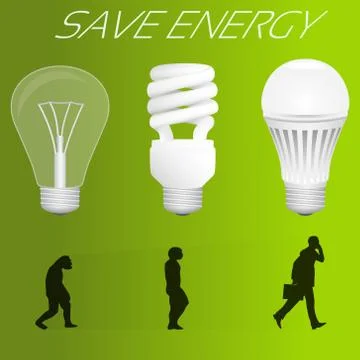 Save energy concept. Evolution from incandescent lamp to led lam Stock Illustration