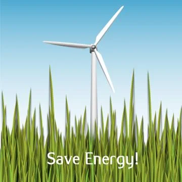 Save Energy! Vector illustration with wind turbine and grass Ilustración de archivo