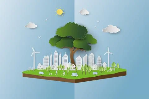 Save the environment conservation ecology concept,paper art clean city on iso Stock Illustration