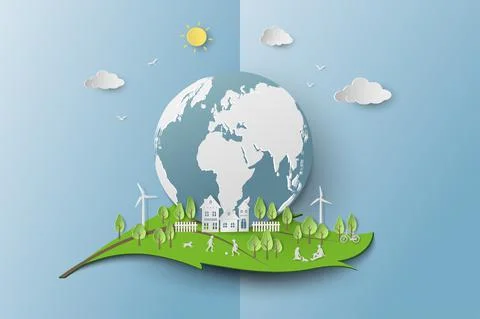 Save the environment conservation ecology concept,paper art landscape with cl Stock Illustration
