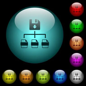 Save file as multiple format icons in color illuminated glass buttons Illustrazione stock