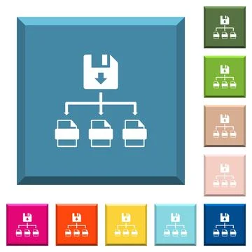 Save file as multiple format white icons on edged square buttons Illustrazione stock