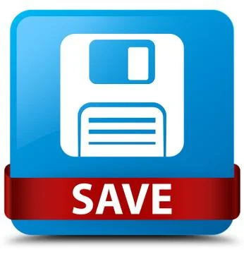 Save (floppy disk icon) cyan blue square button red ribbon in middle Illustrazione stock