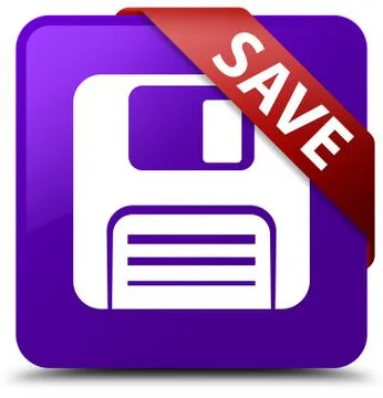 Save (floppy disk icon) purple square button red ribbon in corner Stock Illustration