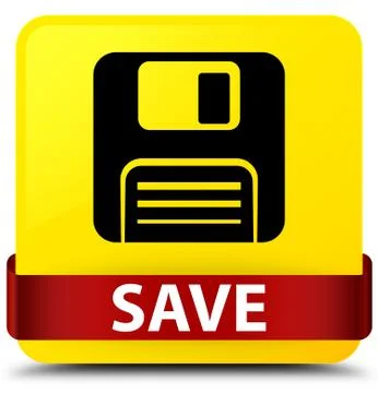Save (floppy disk icon) yellow square button red ribbon in middle Stock Illustration
