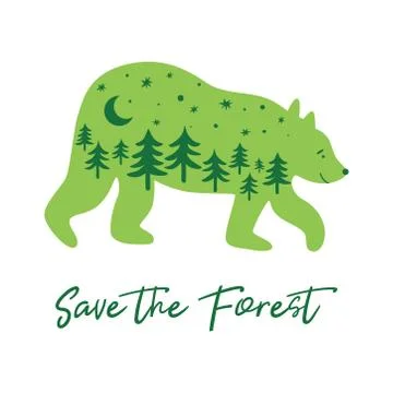 Save the forest concept with green bear, fir trees inside bear silhouette. Green Stock Illustration
